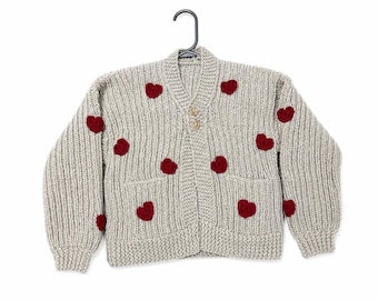 Stitch-by-Stitch Handmade Beige Chunky Knit Cardigan, Red Crochet Hearts, V-Neck Button-Up Sweater + 2 Free Gifts