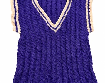 Stitch-by-Stitch Handmade Purple Cable Knit Sweater Vest, Peach Trim V-Neck + 2 Free Gifts