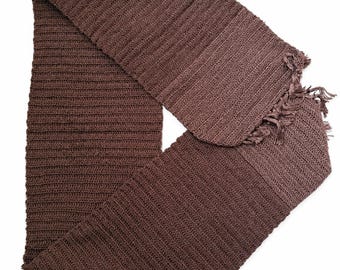 Stitch-by-Stitch Handmade Brown Crochet Scarf, Textured Fringe Winter Wrap + 2 Free Gifts