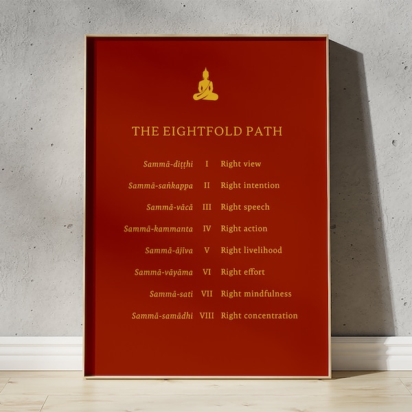 Noble Eight Fold Path mit Pali Übersetzung GERAHMT oder UNGERAHMT Druck Poster (Rot) | Buddhistische Wandkunst