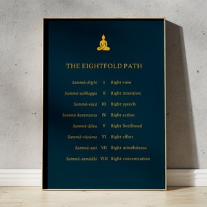 Noble Eight Fold Path with Pali Translation FRAMED or UNFRAMED Print Poster (Teal Blue) | Buddhist Wall Art