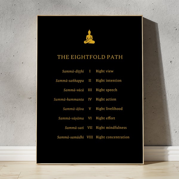 Noble Eight Fold Path with Pali Translation FRAMED or UNFRAMED Print Poster (Black) | Buddhist Wall Art