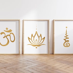 Set of 3 Yoga and Buddhist posters: Ohm, Unalome, Lotus flower symbols, FRAMED or UNFRAMED (Gold) | Buddhist Wall Art