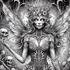 May include: Black and white illustration of a fairy with a skull in her hand. She has a crown of flowers on her head and her body is covered in intricate floral patterns.
