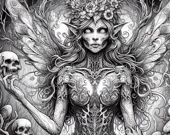 May include: Black and white illustration of a fairy holding a skull. She wears a crown of flowers and her body is covered in intricate floral patterns.