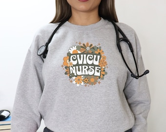 Floral Boho CVICU Nurse Sweatshirt: Retro Style Cardiology Gift - Cozy Crewneck Sweater