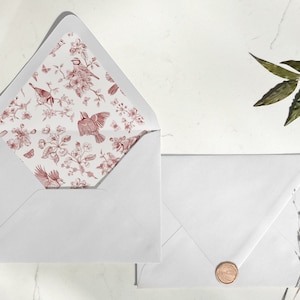 Printable Maroon Dark Red Floral Bird Envelope Liner, A9, A7, A7.5, A6, 6.5x6.5, A2, A1, C5 and A7 Square Wedding Invites Vintage Florals