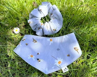 Matching pet and owner set, tie on pet bandana and scrunchie, breathable cotton fabric, spring bees pattern