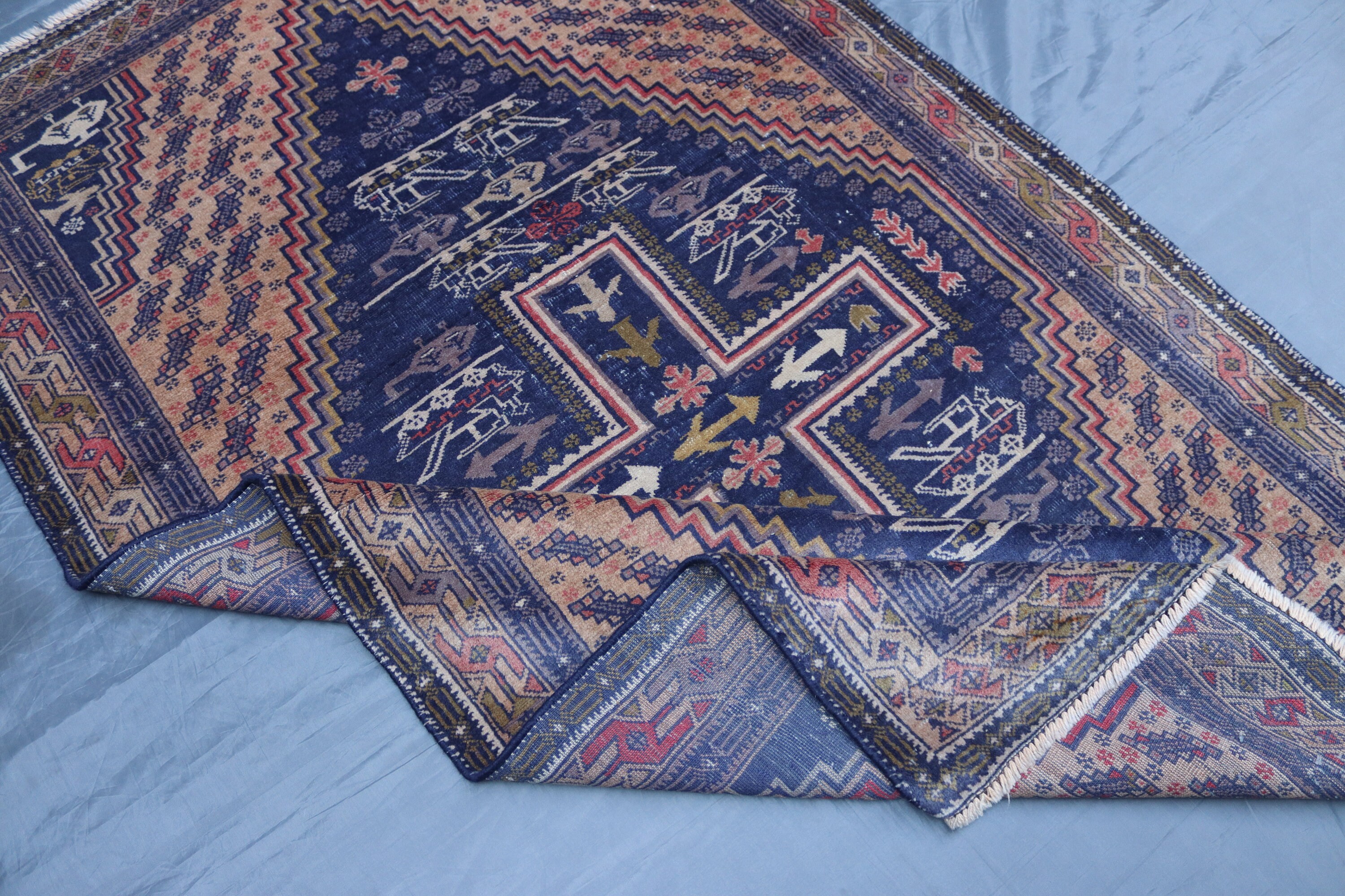 1940s Antique Vintage Pictorial War Rug, 6'5x3'10 Ft, Hand Knotted 100% ...