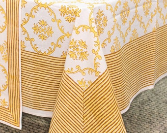 Trellis 100% Cotton Table Cloth for Dining Table Kitchen Wedding Everyday Use Dinner Parties ,Yellow, Hand Block Printed
