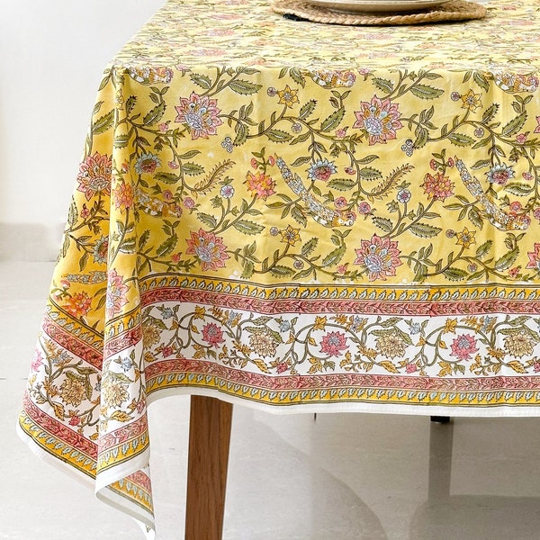 Yellow Pink Floral Tablecloth for Dining Table, Kitchen Table, Wedding, Baby Shower, Dinner Party, Hand Block Printed on 100% Cotton Fabric