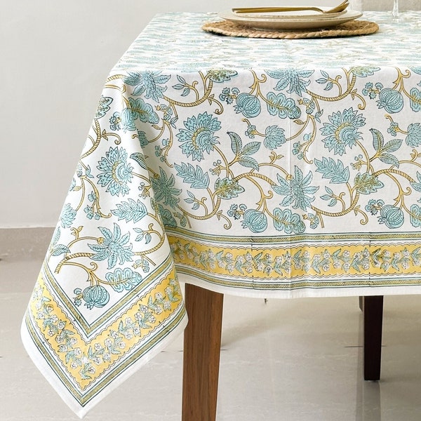 Light Blue Floral Tablecloth for Dining Table, Kitchen Table, Wedding, Baby Shower, Dinner Party, Hand Block Printed on 100% Cotton Fabric