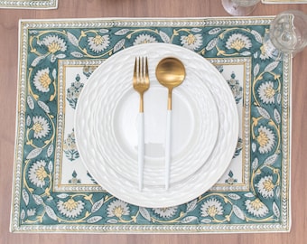 Floral 100% Cotton Set of 6 Placemats for Dining Table Kitchen Wedding Everyday Use Dinner Parties (14x18 inch, Teal, Hand Block Printed)