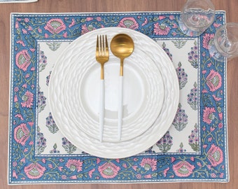 Flower 100% Cotton Set of 6 Placemats for Dining Table Kitchen Wedding Everyday Use Dinner Parties (14x18 inch, Blue, Hand Block Printed)
