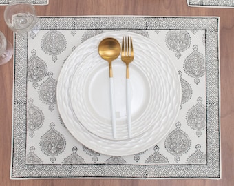 Damask 100% Cotton Set of 6 Placemats for Dining Table Kitchen Wedding Everyday Use Dinner Parties (14x18 inch, Grey, Hand Block Printed)