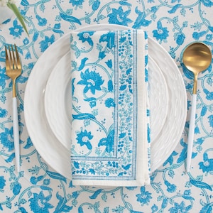 Floral 100% Cotton Cloth Napkins for Dining Table Kitchen Wedding Everyday Use Dinner Parties (20x20 inch, Blue, Hand Block Printed)