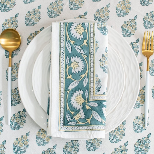 Floral 100% Cotton Table Napkins for Dining Table Kitchen Wedding Everyday Use Dinner Parties (20x20 inch, Teal, Hand Block Printed)