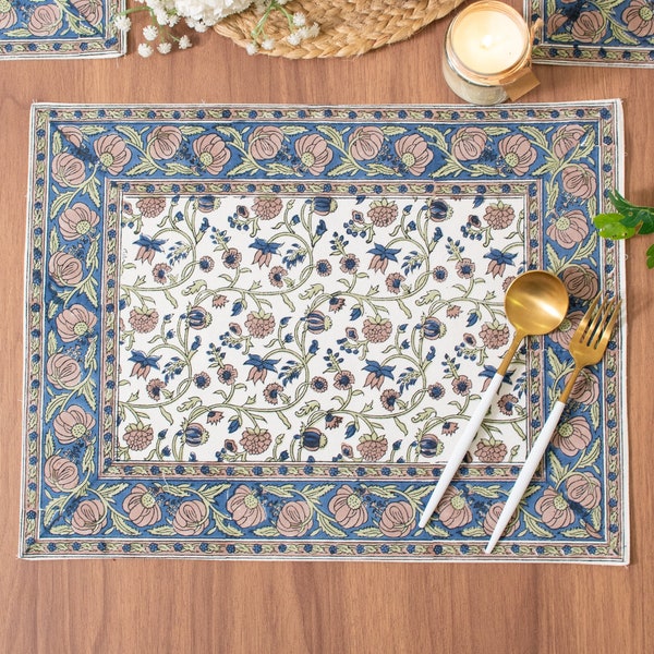 Floral Print 100% Cotton Set of 6 Placemats for Dining Table Kitchen Wedding Everyday Use Dinner Parties (14x18 inch, Blue, Block Printed)