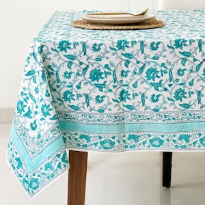 Teal 100% Cotton Table Cloth for Dining Table Kitchen Wedding Everyday Use Dinner Parties, Hand Block Printed, Floral Pattern