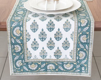 Teal Yellow Block Print Table Runner in Floral Pattern
