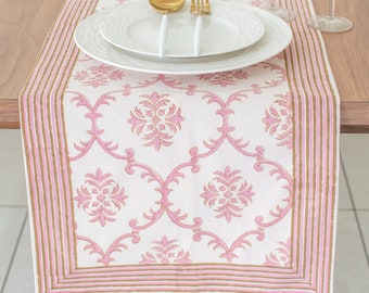 Pink Block Print Table Runner in Trellis Pattern