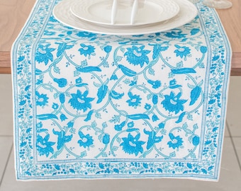 Blue Block Print Table Runner in Floral Pattern