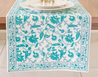 Teal Block Print Table Runner in Floral Pattern