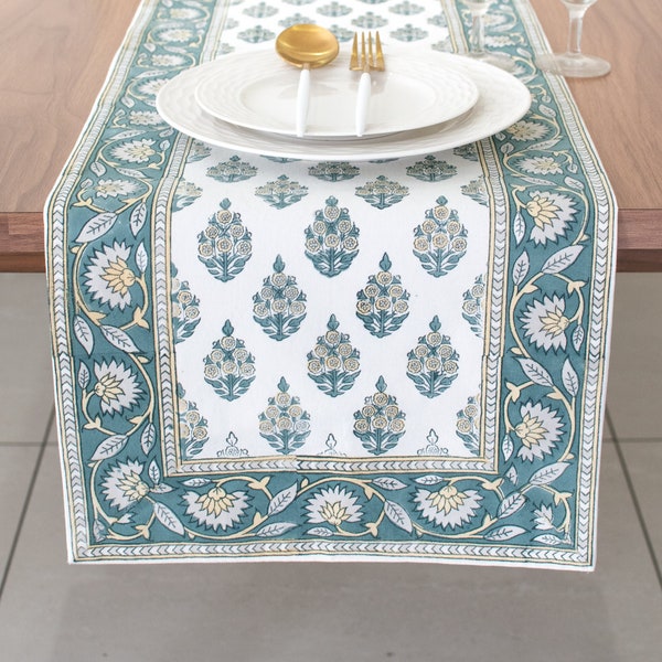 Teal Yellow Block Print Table Runner in Floral Pattern