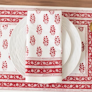 Red Flower 100% Cotton Table Napkin for Dining Table Kitchen Wedding Everyday Use Dinner Parties, Hand Block Printed