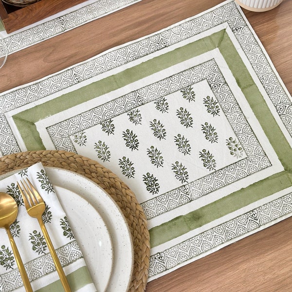 Sage Green Floral 100% Cotton Placemats for Dining Table Kitchen Wedding Everyday Use Dinner Parties, 13x19 inch, Hand Block Printed