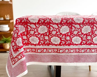 Red Floral Tablecloth for Dining Table, Kitchen Table, Wedding, Baby Shower, Dinner Party, Hand Block Printed on 100% Cotton Fabric