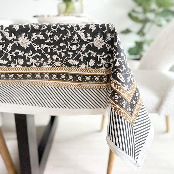 Black Floral Tablecloth for Dining Table, Kitchen Table, Wedding, Baby Shower, Dinner Party, Hand Block Printed on 100% Cotton Fabric
