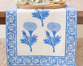 Blue White Kitchen Table Runner, 100% Cotton, Floral Hand Block Print, for Home, Kitchen, Dining Room, Holiday, Wedding Party Décor