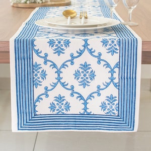 Dark Blue Block Print Table Runner in Trellis Pattern