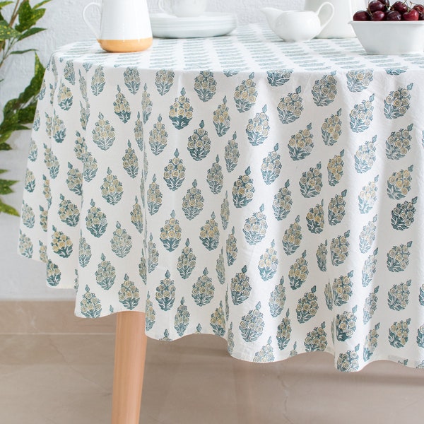 Floral 100% Cotton Round Table Cloth for Dining Table Kitchen Wedding Everyday Use Dinner Parties ,Teal, Hand Block Printed