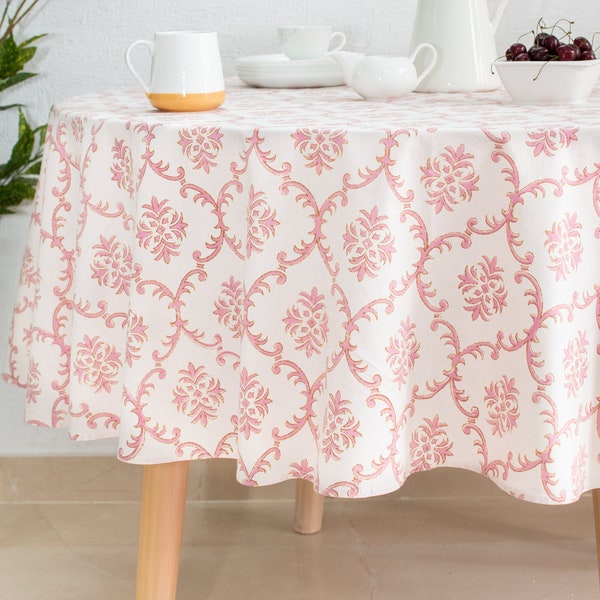 Trellis 100% Cotton Round Table Cloth for Dining Table Kitchen Wedding Everyday Use Dinner Parties ,Pink, Hand Block Printed