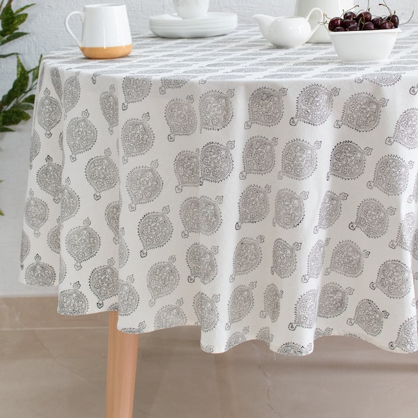 Damask 100% Cotton Round Table Cloth for Dining Table Kitchen Wedding Everyday Use Dinner Parties ,Grey, Hand Block Printed
