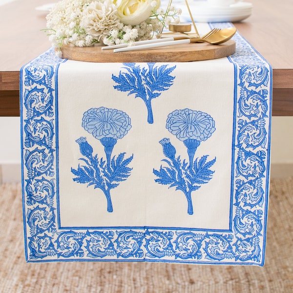 Blue White Kitchen Table Runner, 100% Cotton, Floral Hand Block Print, for Home, Kitchen, Dining Room, Holiday, Wedding Party Décor