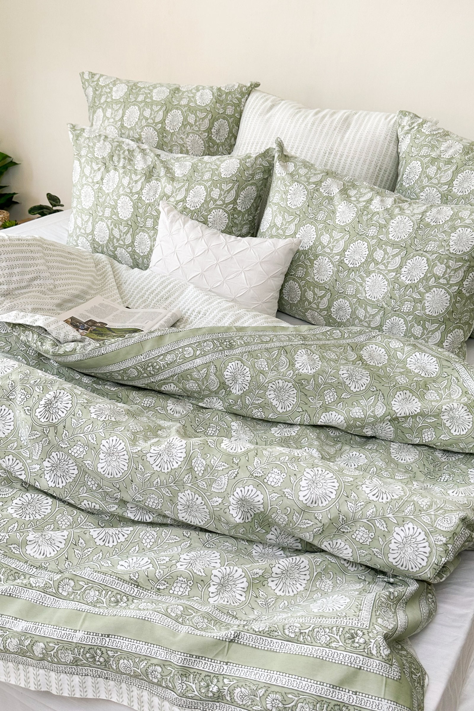Sage Green Floral Duvet Cover, Indian Hand Block Print Duvet Cover with Pillowcase & Shams, Cotton Sateen Fabric, King, Queen, Twin, Full