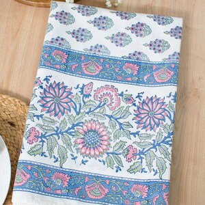 Flower 100% Cotton Table Cloth for Dining Table Kitchen Wedding Everyday Use Dinner Parties ,Blue Pink, Hand Block Printed image 3