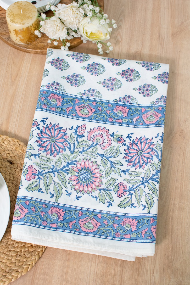 Flower 100% Cotton Table Cloth for Dining Table Kitchen Wedding Everyday Use Dinner Parties ,Blue Pink, Hand Block Printed image 3