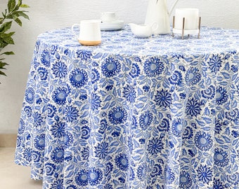 Blue 100% Cotton Round Table Cloth for Dining Table Kitchen Wedding Everyday Use Dinner Parties ,Blue, Hand Block Printed