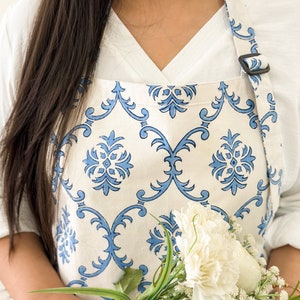 Blue White Trellis Apron for Her, Block Printed Apron, Mother's Day Gift, Birthday Gift, Christmas Gift image 1