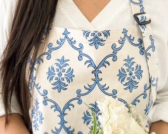 Blue White Trellis Apron for Her, Block Printed Apron, Mother's Day Gift, Birthday Gift, Christmas Gift