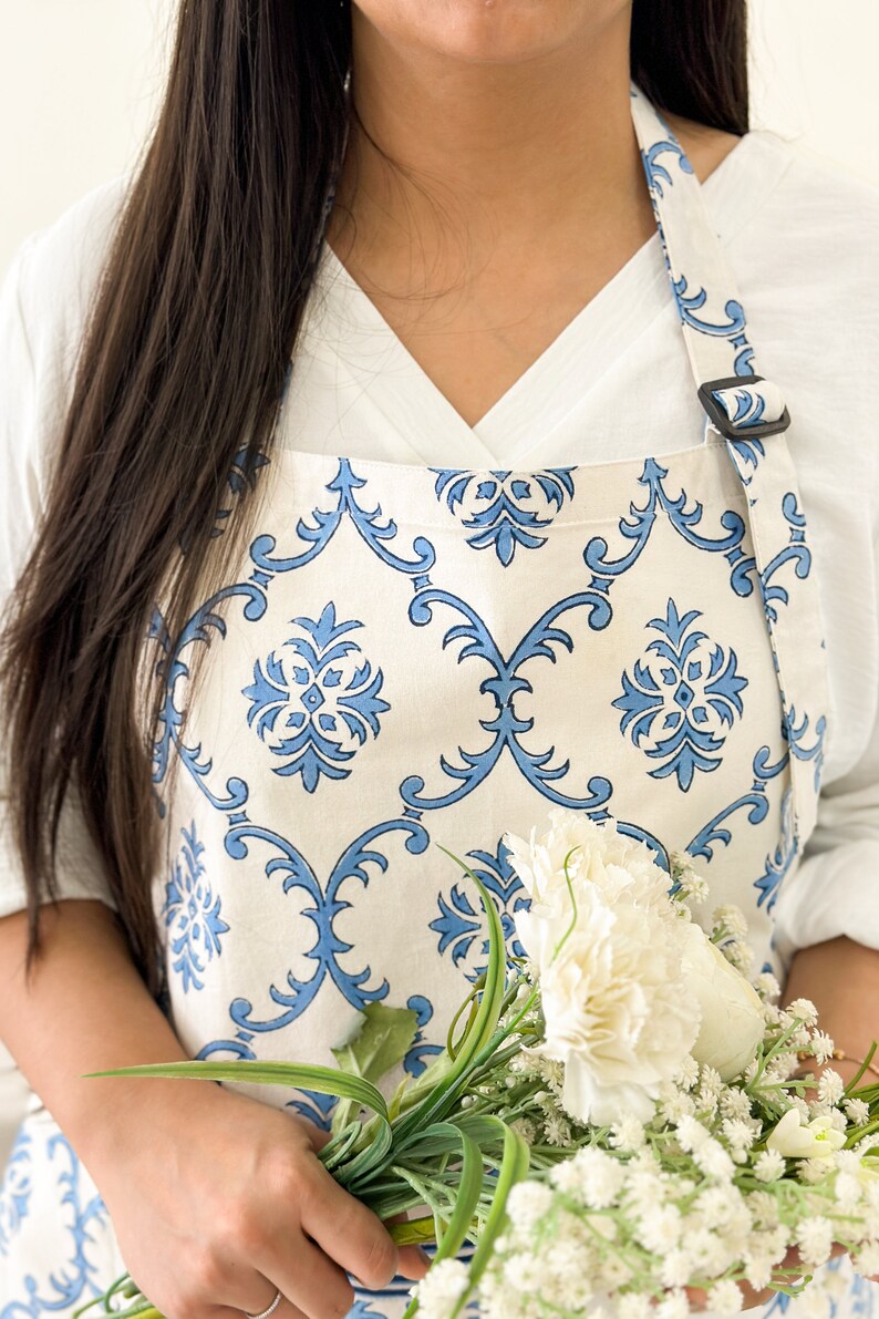 Blue White Trellis Apron for Her, Block Printed Apron, Mother's Day Gift, Birthday Gift, Christmas Gift image 1