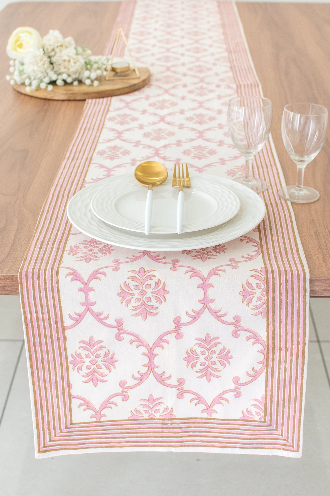 Pink Block Print Table Runner in Trellis Pattern - Etsy