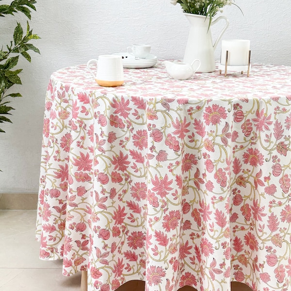 Pink Floral 100% Cotton Round Table Cloth for Dining Table Kitchen Wedding Everyday Use Dinner Parties , Hand Block Printed