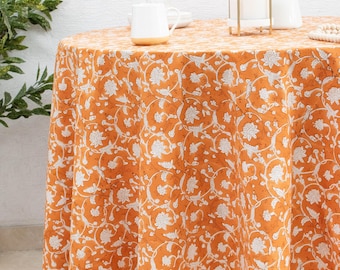 Rust Flower 100% Cotton Round Table Cloth for Dining Table Kitchen Wedding Everyday Use Dinner Parties, Hand Block Printed