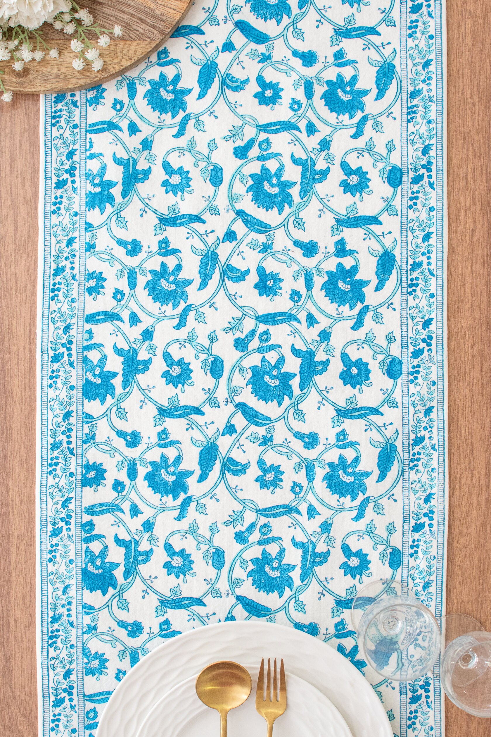 Blue Block Print Table Runner in Floral Pattern - Etsy