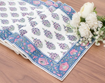 Midnight Blue Floral Block Print Table Runner for Thanksgiving, Christmas, Housewarming